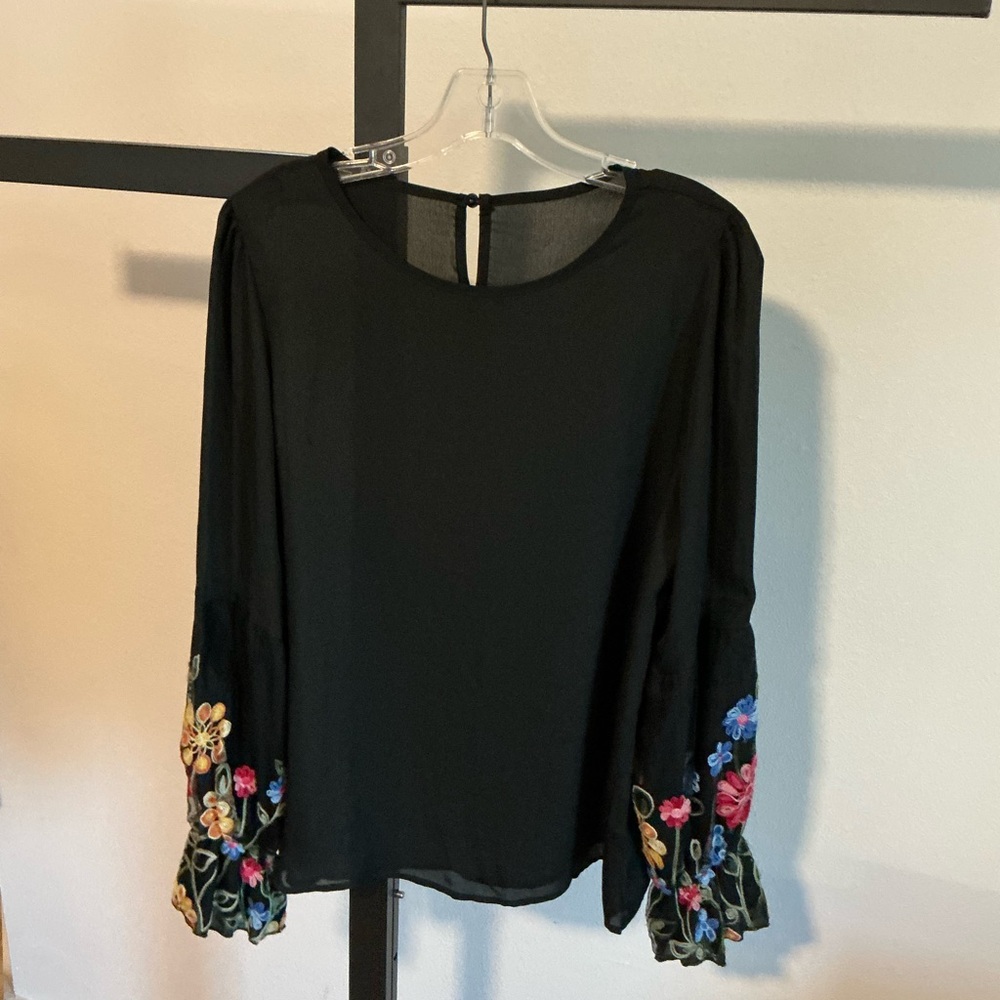Floral Embroidered Black Blouse